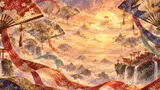 巨大な扇と着物生地が舞う夢幻の空間