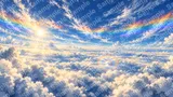積乱雲の合間から光が注ぐ浮遊島群の空