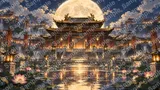 巨大な月が浮かぶ中秋節の楼閣と満月