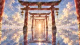鏡のような水面と鳥居が並ぶ天空の神域