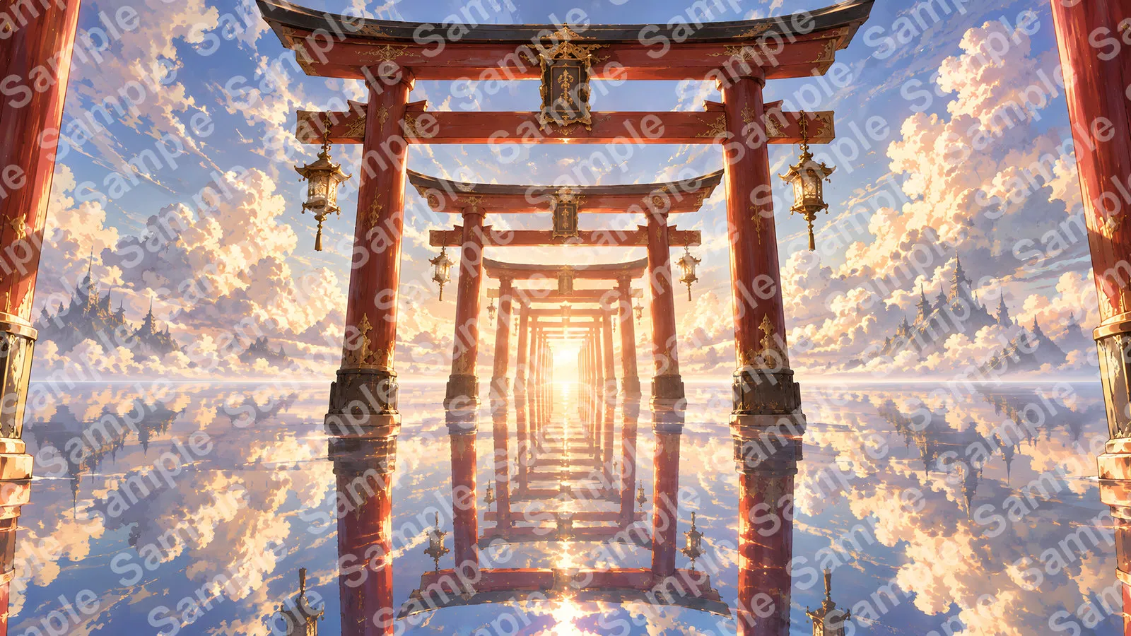 鏡のような水面と鳥居が並ぶ天空の神域