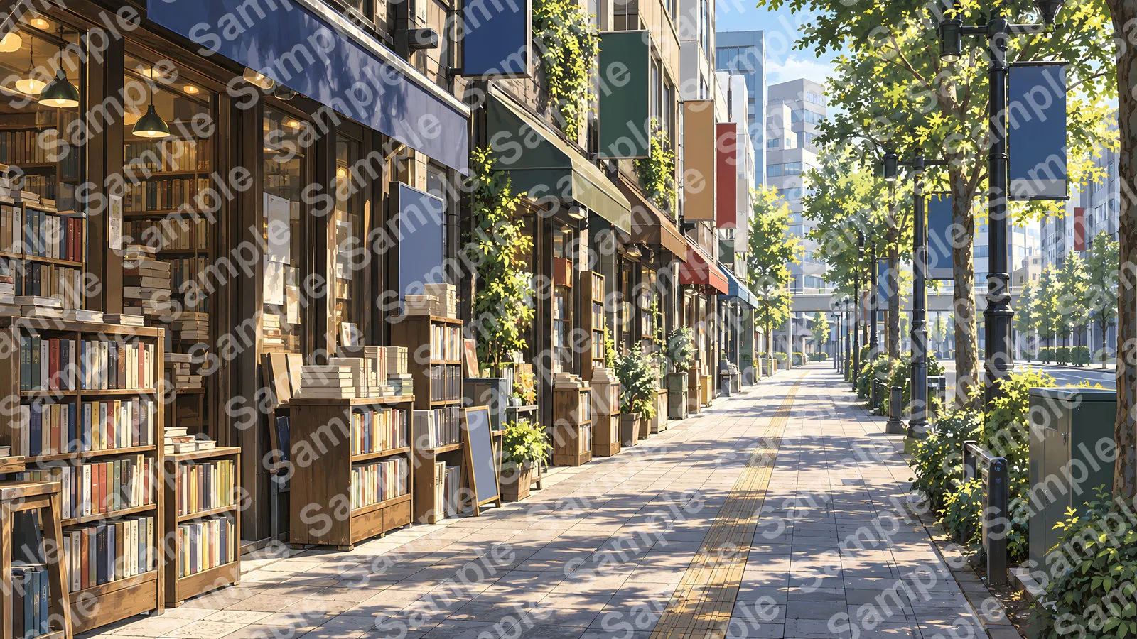 神田の古書店街の書架とランプの影