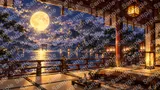 雅な琴と酒器が置かれた風流な月見櫓