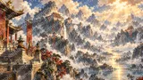 雲間から差し込む光と水墨画のような山河