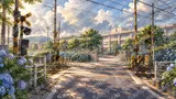 アジサイ咲く通学路の踏切と校舎遠景