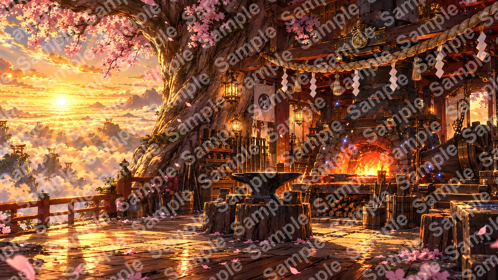 桜の巨木の中に造られた幻想的な鍛冶場