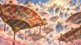 宙に浮かぶ無数の絹扇と桃色の霧の異空間