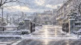 雪が降り積もる静まり返った冬の校門