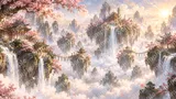 夢幻の桃源郷（ピンクの桃花と浮遊岩）
