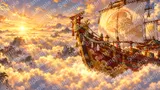 天空を翔ける朱塗りの宝船と雲の上の極楽