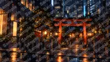 夜の静寂な都心の神社（現代ビル街に囲まれた光と闇の聖域）