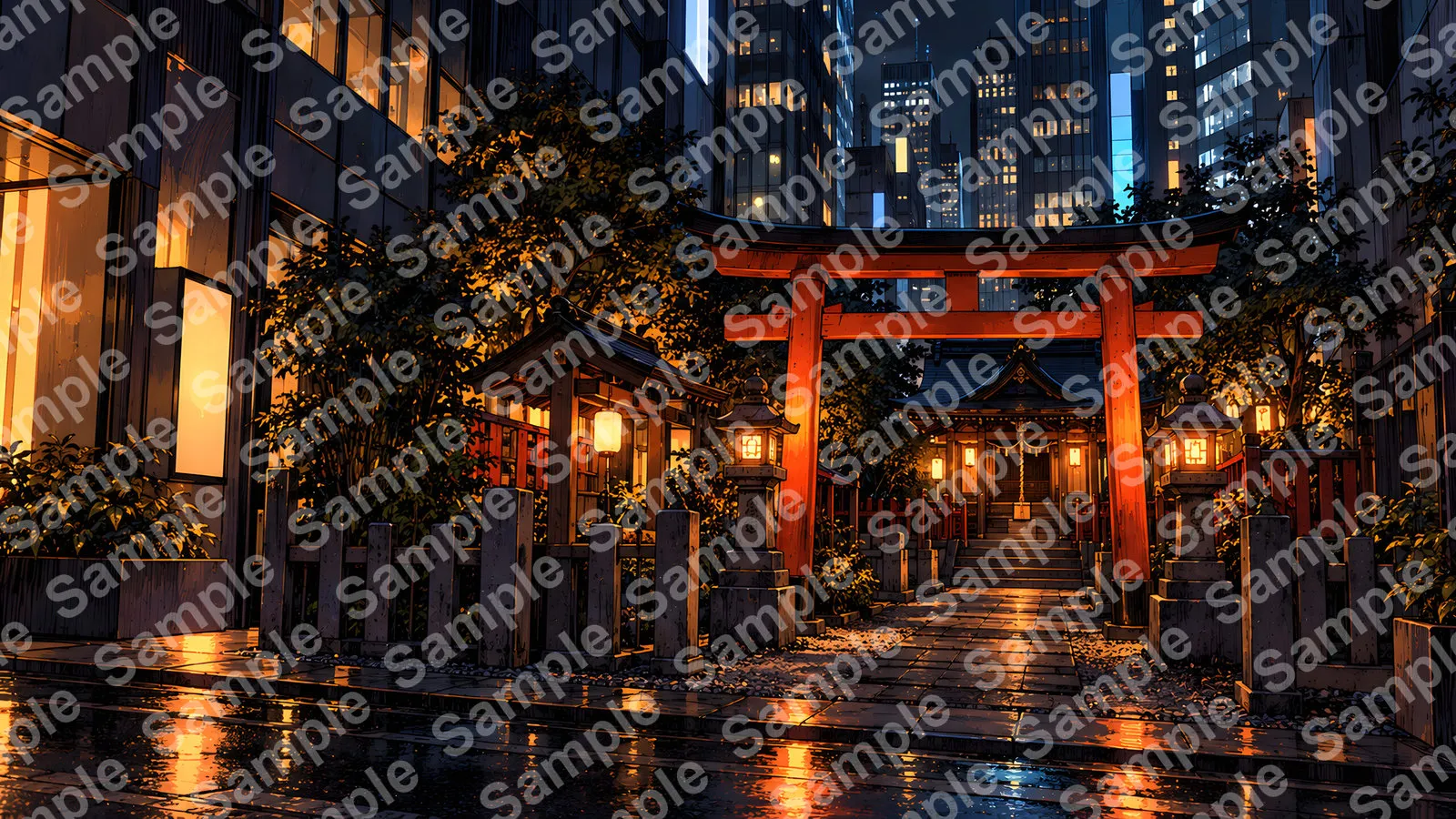 夜の静寂な都心の神社（現代ビル街に囲まれた光と闇の聖域）