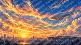 スチームパンク飛空艇が飛び交う夕景の大空